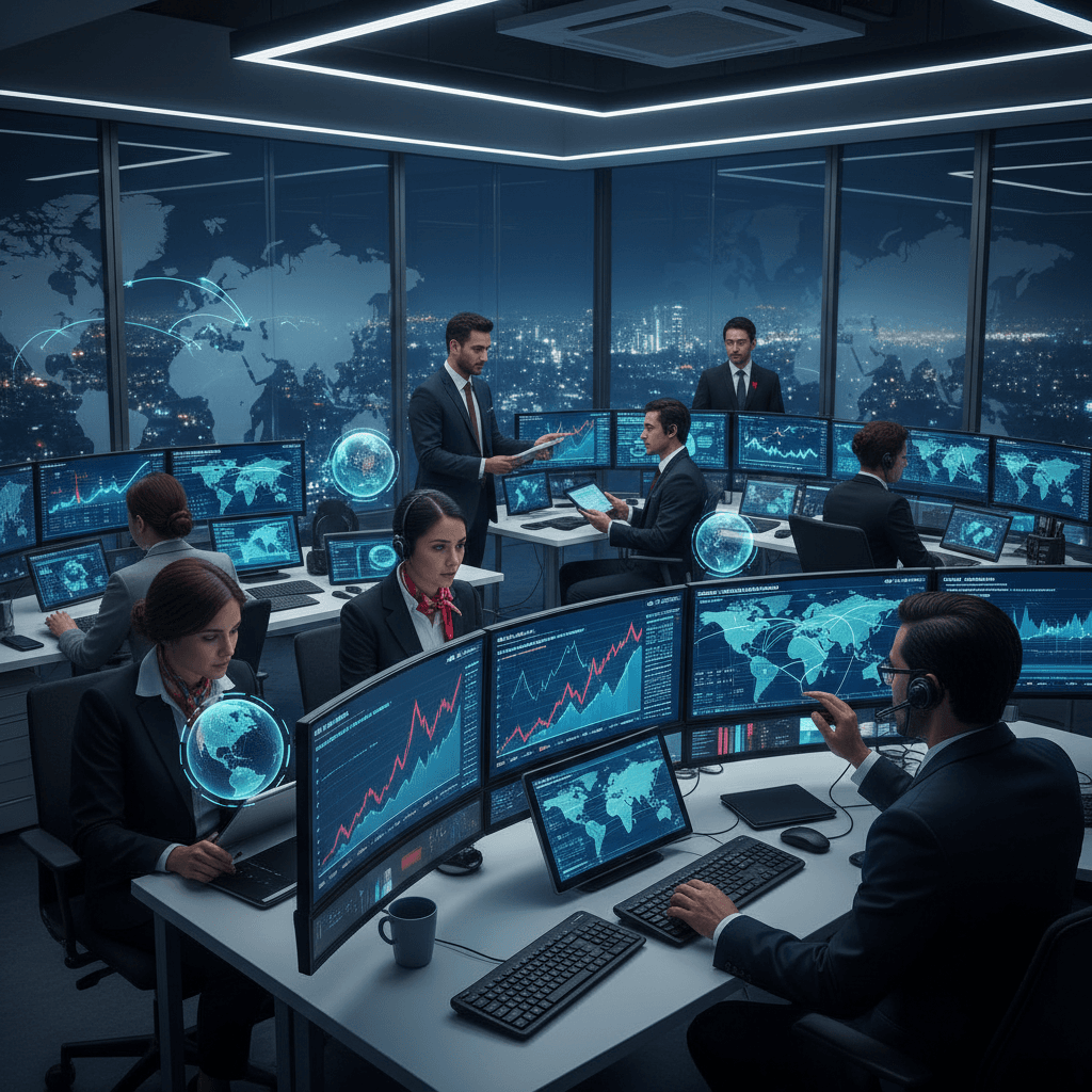 International commodity trading operations with shipping containers, logistics management, and global supply chain visualization